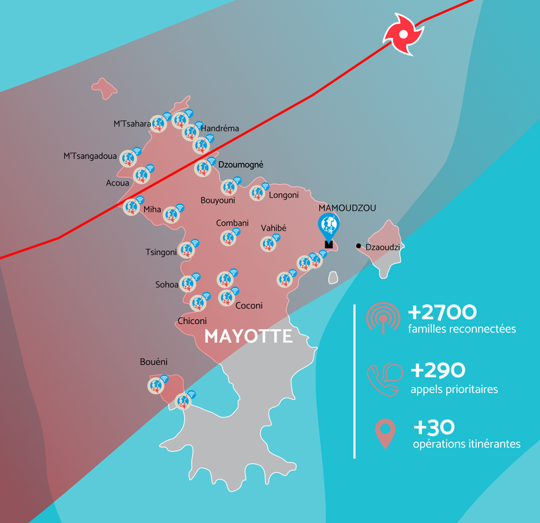 Carte des opérations de TSF à Mayotte en réponse au cyclone